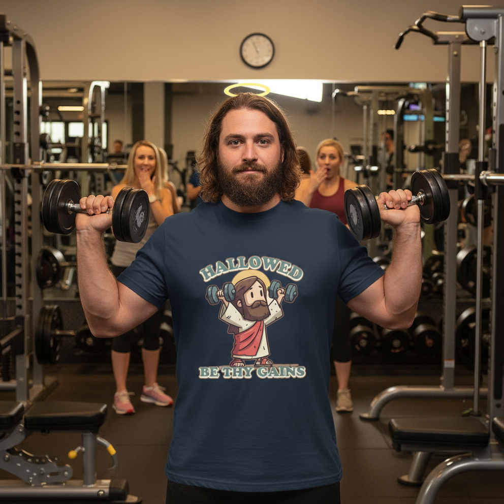 Man lifting weights in a gym wearing a t-shirt with a humorous design.