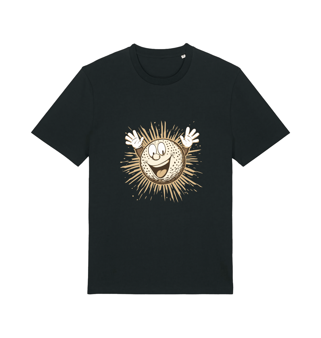 black graphic t-shirt featuring a cartoon golf ball with a smiley face