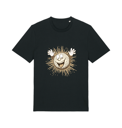 black graphic t-shirt featuring a cartoon golf ball with a smiley face
