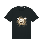 black graphic t-shirt featuring a cartoon golf ball with a smiley face