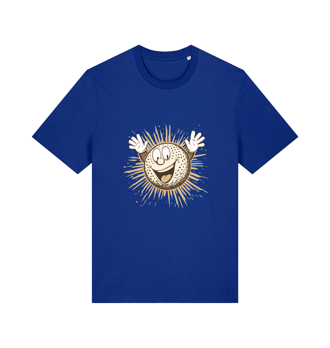 blue graphic t-shirt featuring a cartoon golf ball with a smiley face
