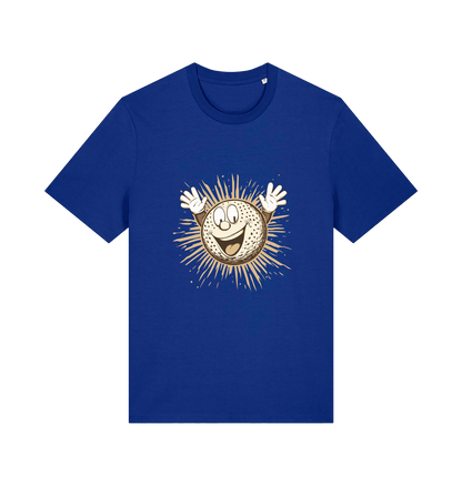 blue graphic t-shirt featuring a cartoon golf ball with a smiley face