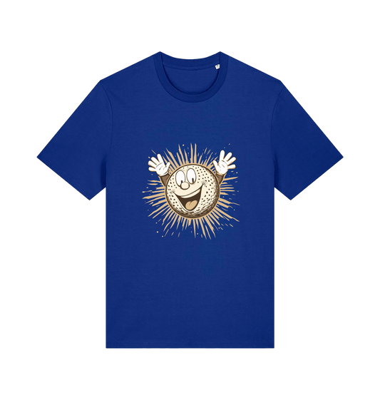 blue graphic t-shirt featuring a cartoon golf ball with a smiley face