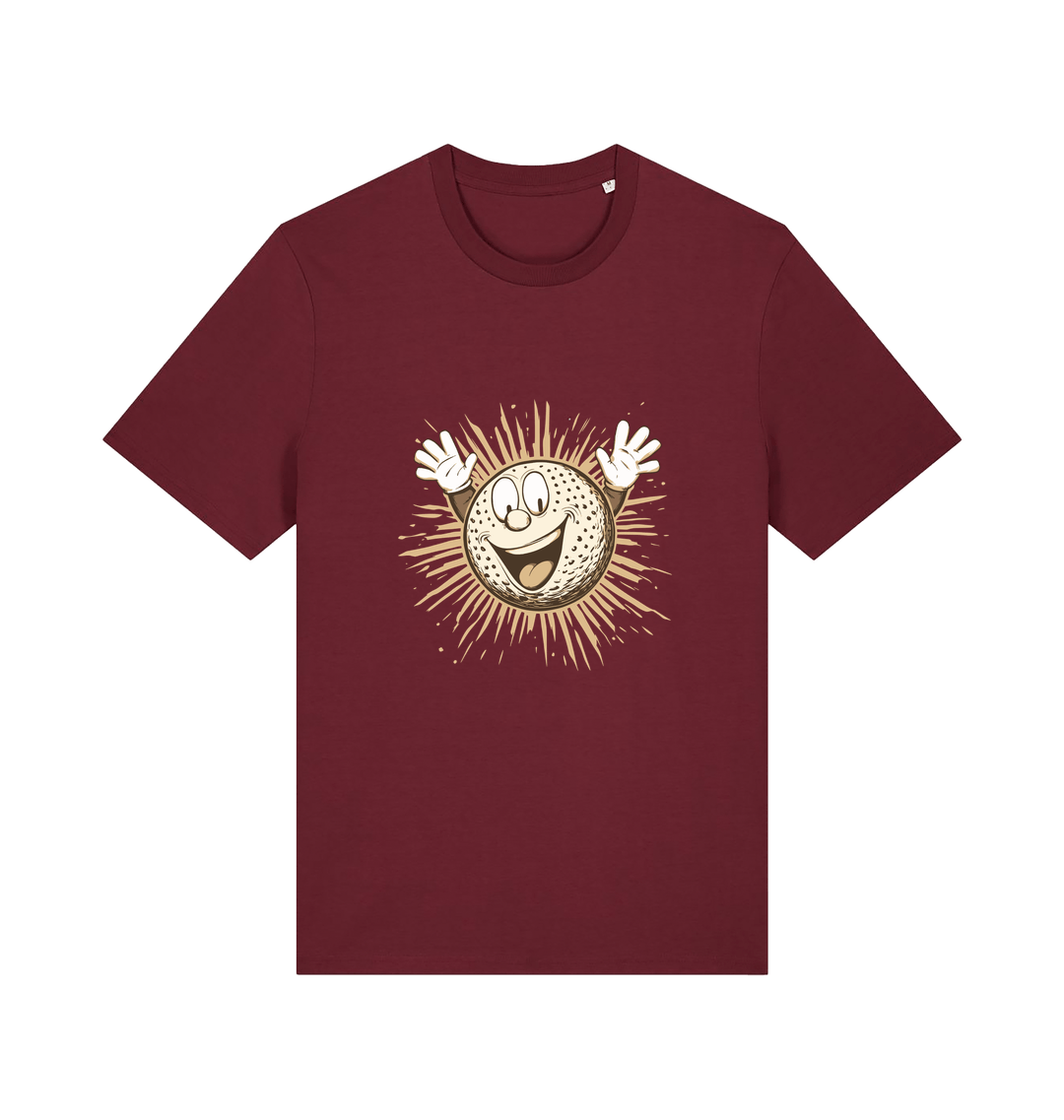 burgundy graphic t-shirt featuring a cartoon golf ball with a smiley face