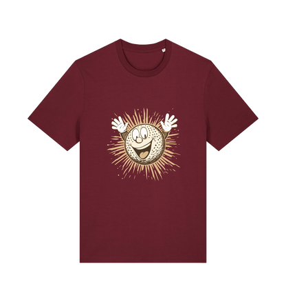 burgundy graphic t-shirt featuring a cartoon golf ball with a smiley face
