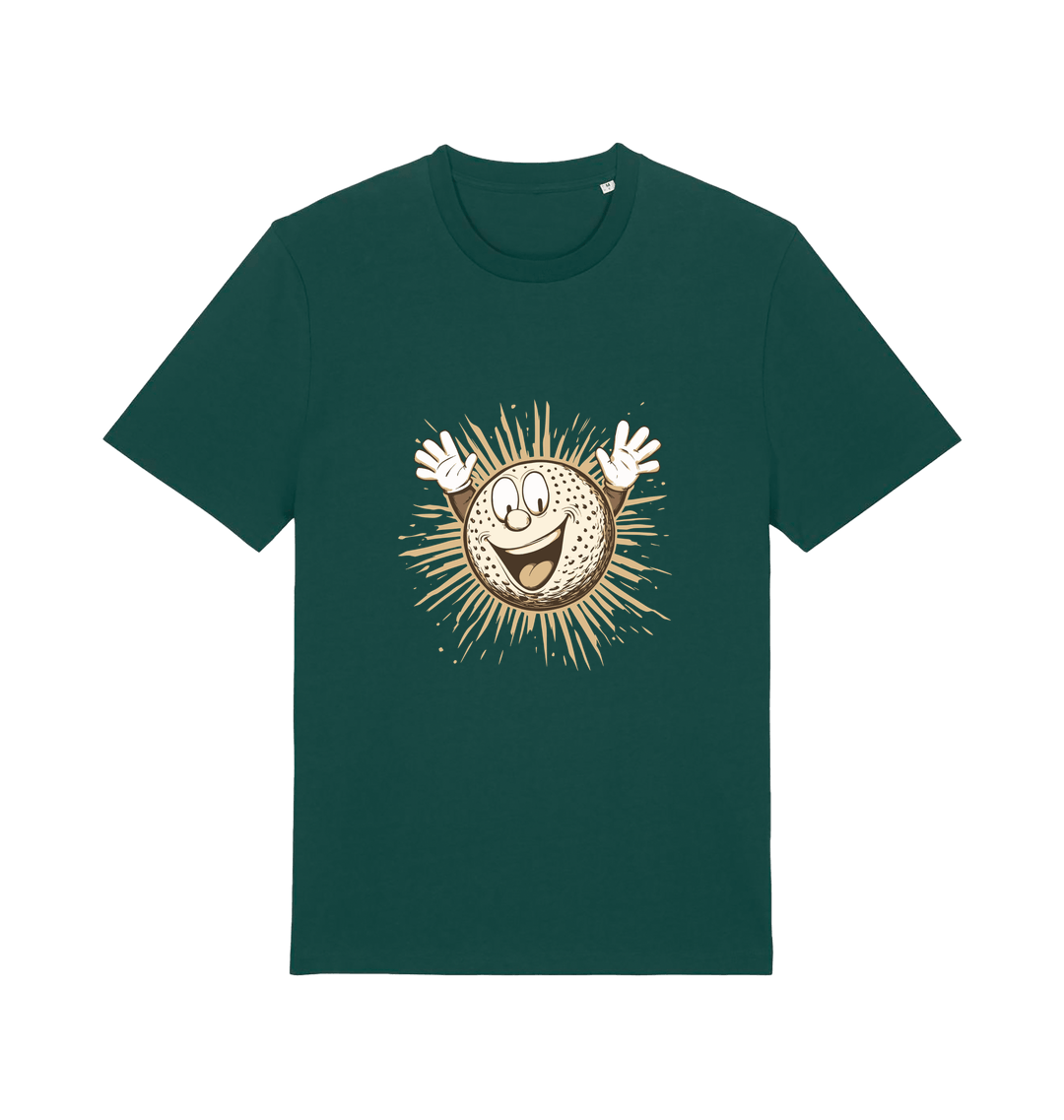 green graphic t-shirt featuring a cartoon golf ball with a smiley face