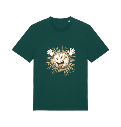 green graphic t-shirt featuring a cartoon golf ball with a smiley face
