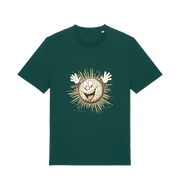 green graphic t-shirt featuring a cartoon golf ball with a smiley face