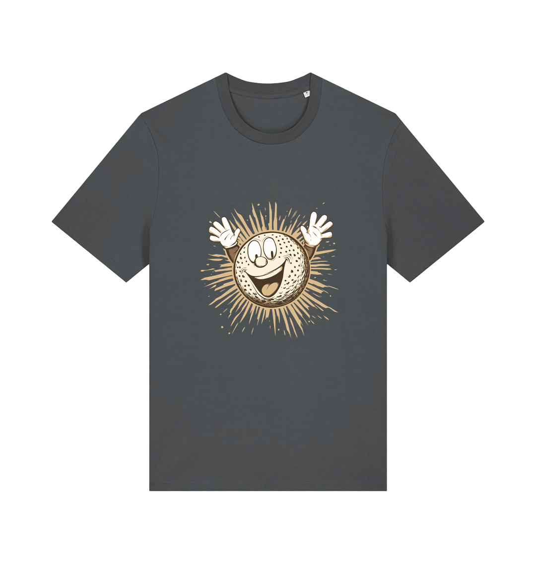 grey graphic t-shirt featuring a cartoon golf ball with a smiley face