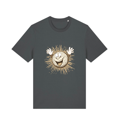 grey graphic t-shirt featuring a cartoon golf ball with a smiley face