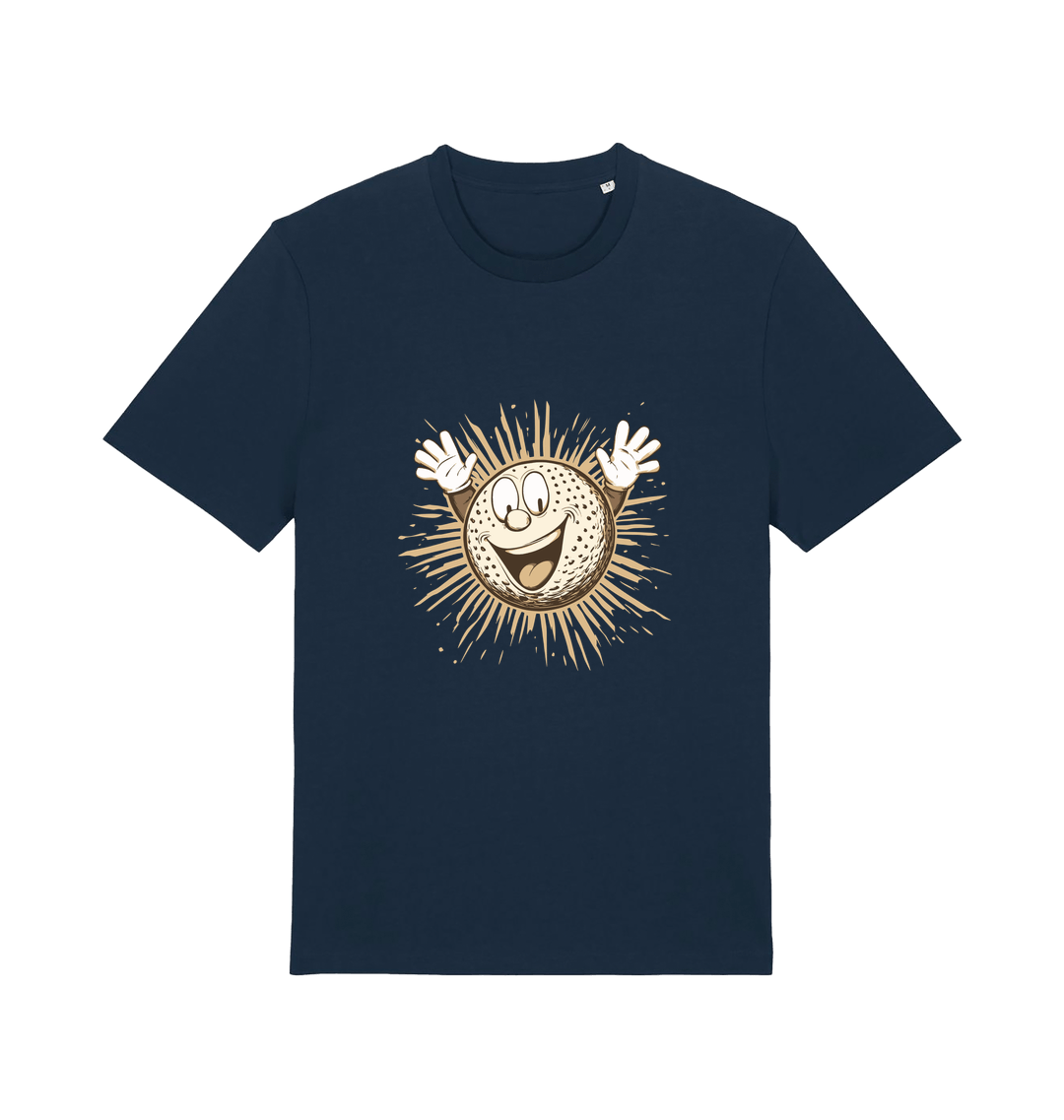 navy graphic t-shirt featuring a cartoon golf ball with a smiley face