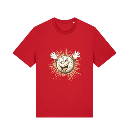 red graphic t-shirt featuring a cartoon golf ball with a smiley face