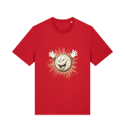 red graphic t-shirt featuring a cartoon golf ball with a smiley face