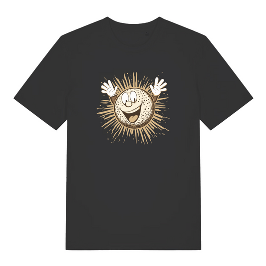 black graphic t-shirt with a cartoon gold ball 