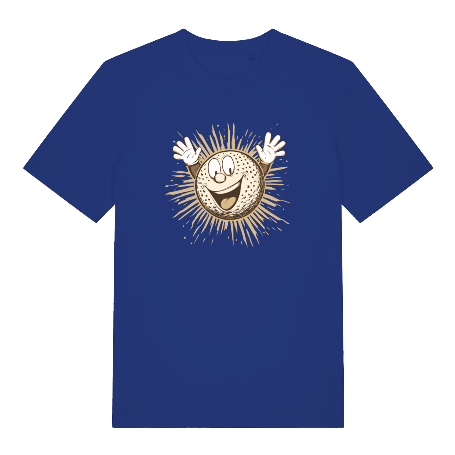 blue graphic t-shirt with a cartoon gold ball 