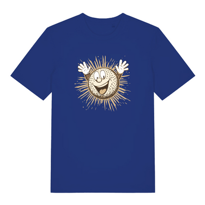 blue graphic t-shirt with a cartoon gold ball 
