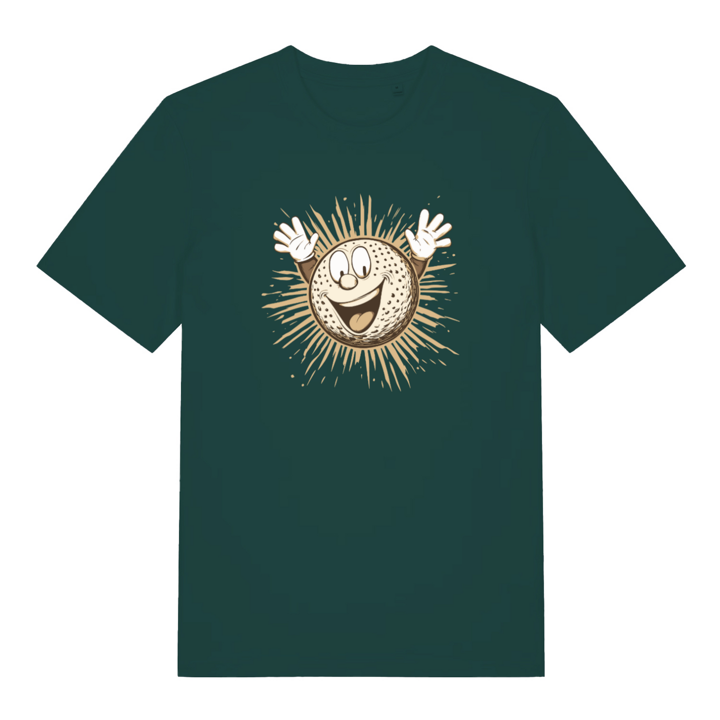 green graphic t-shirt with a cartoon gold ball 
