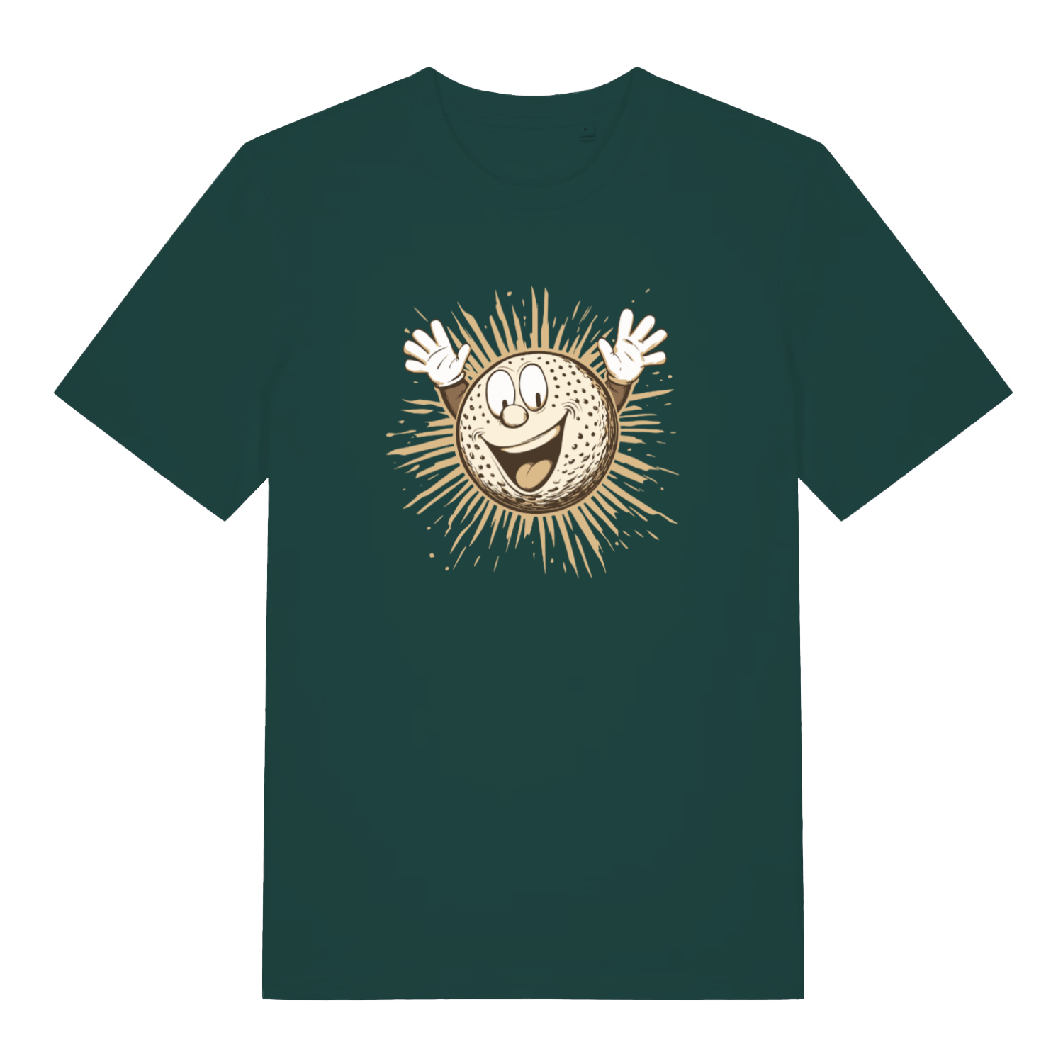green graphic t-shirt with a cartoon gold ball 