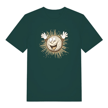 green graphic t-shirt with a cartoon gold ball 