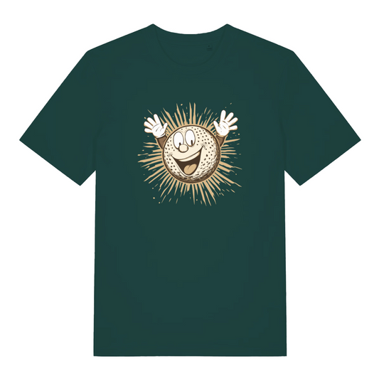 green graphic t-shirt with a cartoon gold ball 
