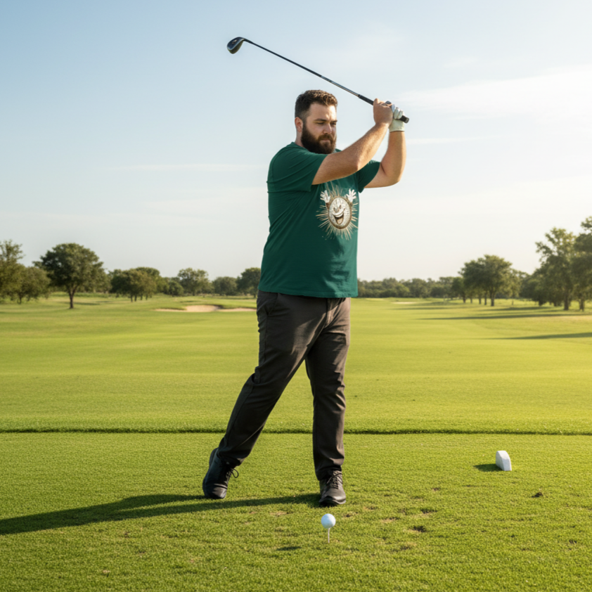 Man in green shirt swinging a golf club on a golf course