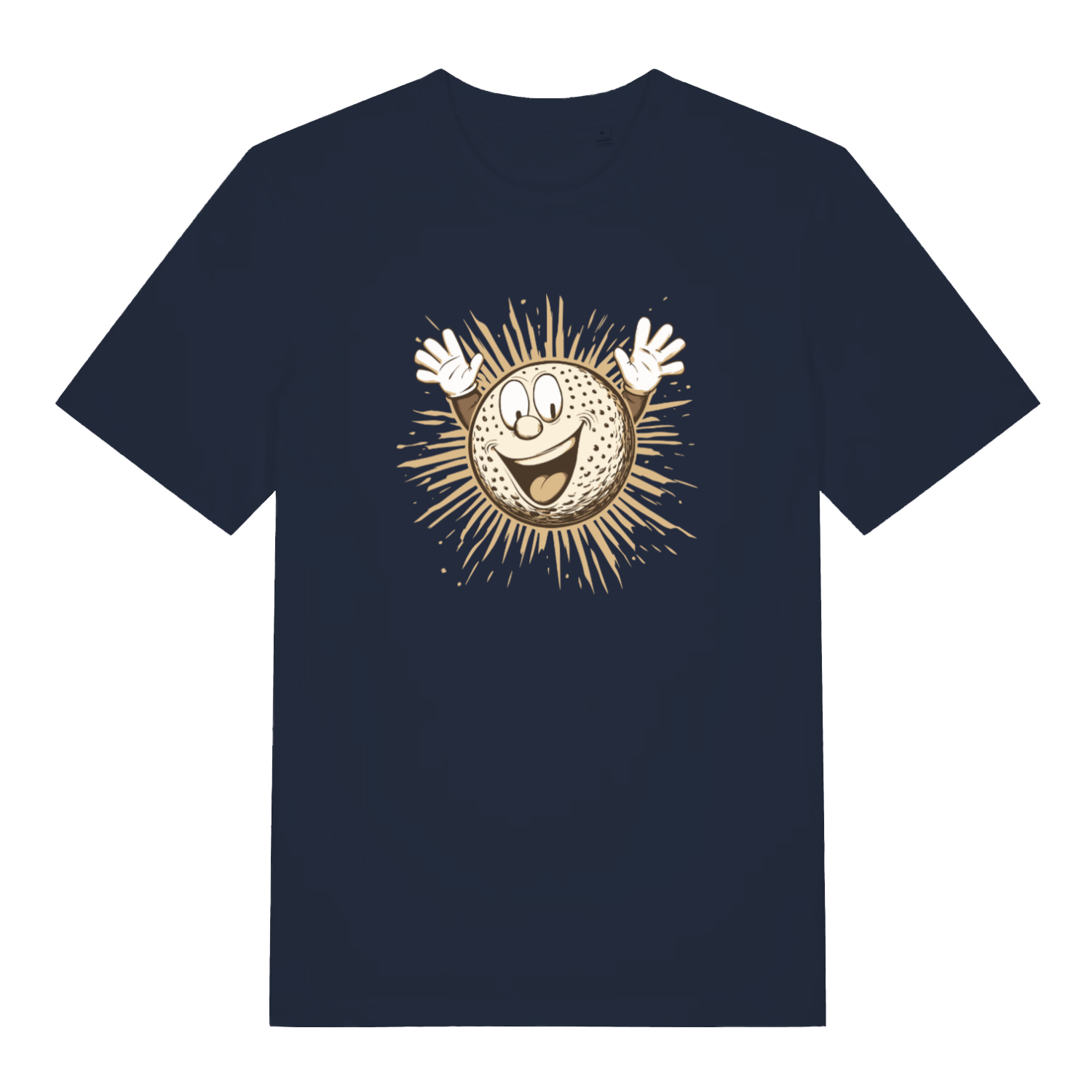 navy graphic t-shirt with a cartoon gold ball 