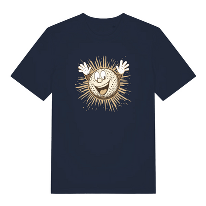navy graphic t-shirt with a cartoon gold ball 