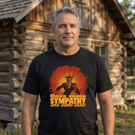 Grey-haired man by log cabin in black Have Some Sympathy and Some Taste tee, mens music inspired graphic