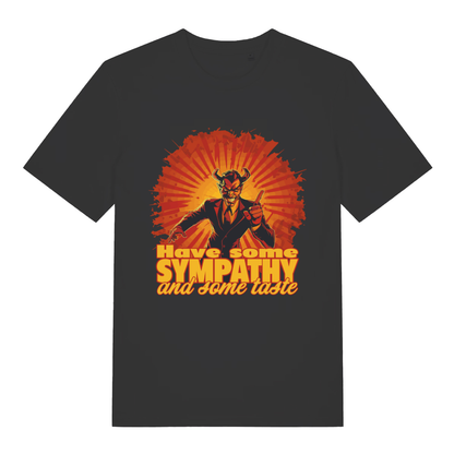 Black Have Some Sympathy T-shirt flat lay with devil in suit "Have some sympathy and some taste" graphic