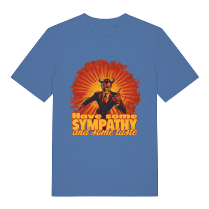 Bright Blue Have Some Sympathy T-shirt flat lay featuring funny devil rock slogan design