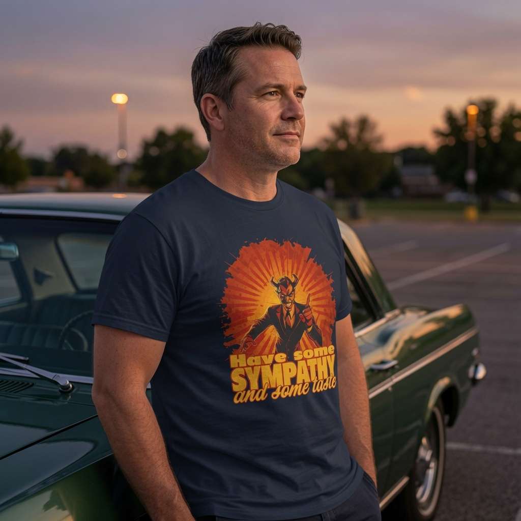 Man leaning against classic car in french navy Have Some Sympathy and Some Taste t-shirt, mens music inspired graphic