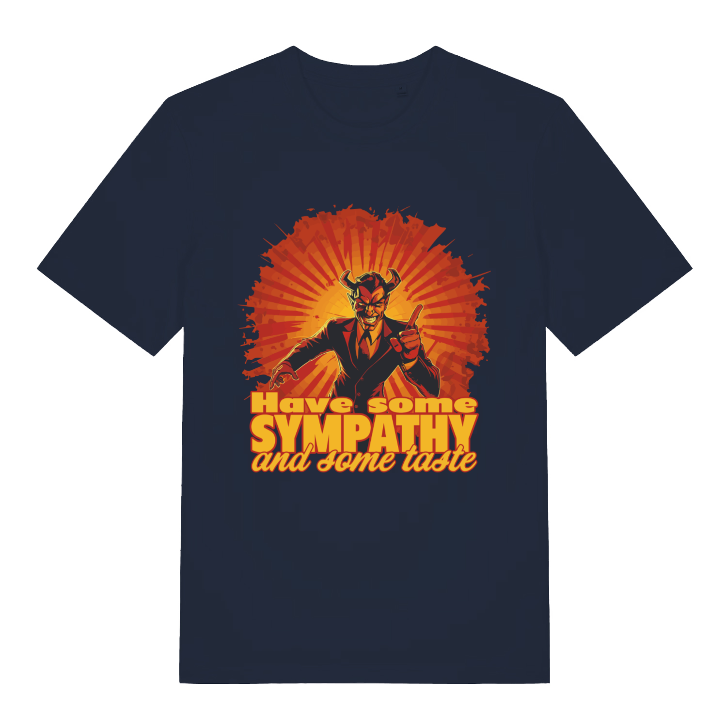 French Navy Have Some Sympathy T-shirt flat lay showing "sympathy and some taste" devil illustration