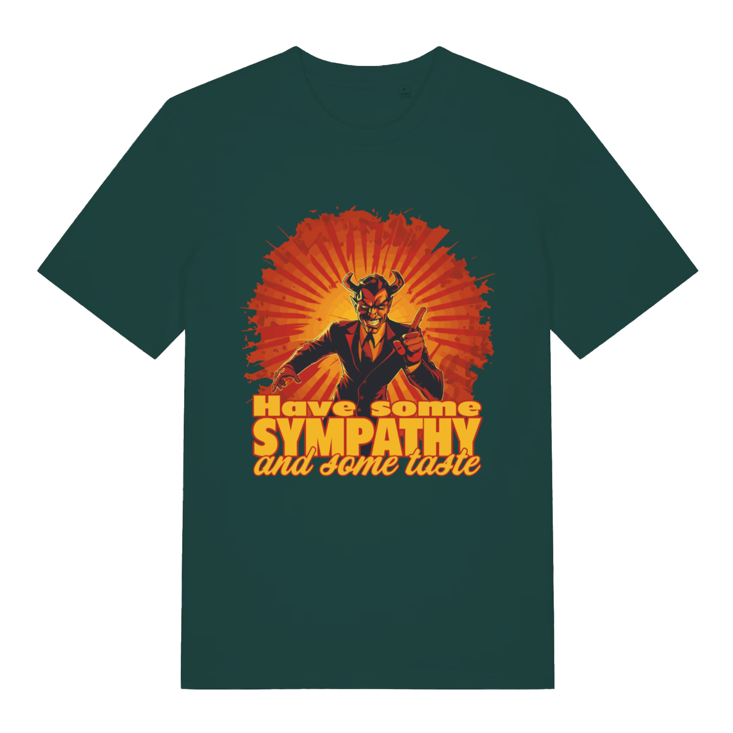 Glazed Green Have Some Sympathy T-shirt flat lay with humorous devil graphic and text