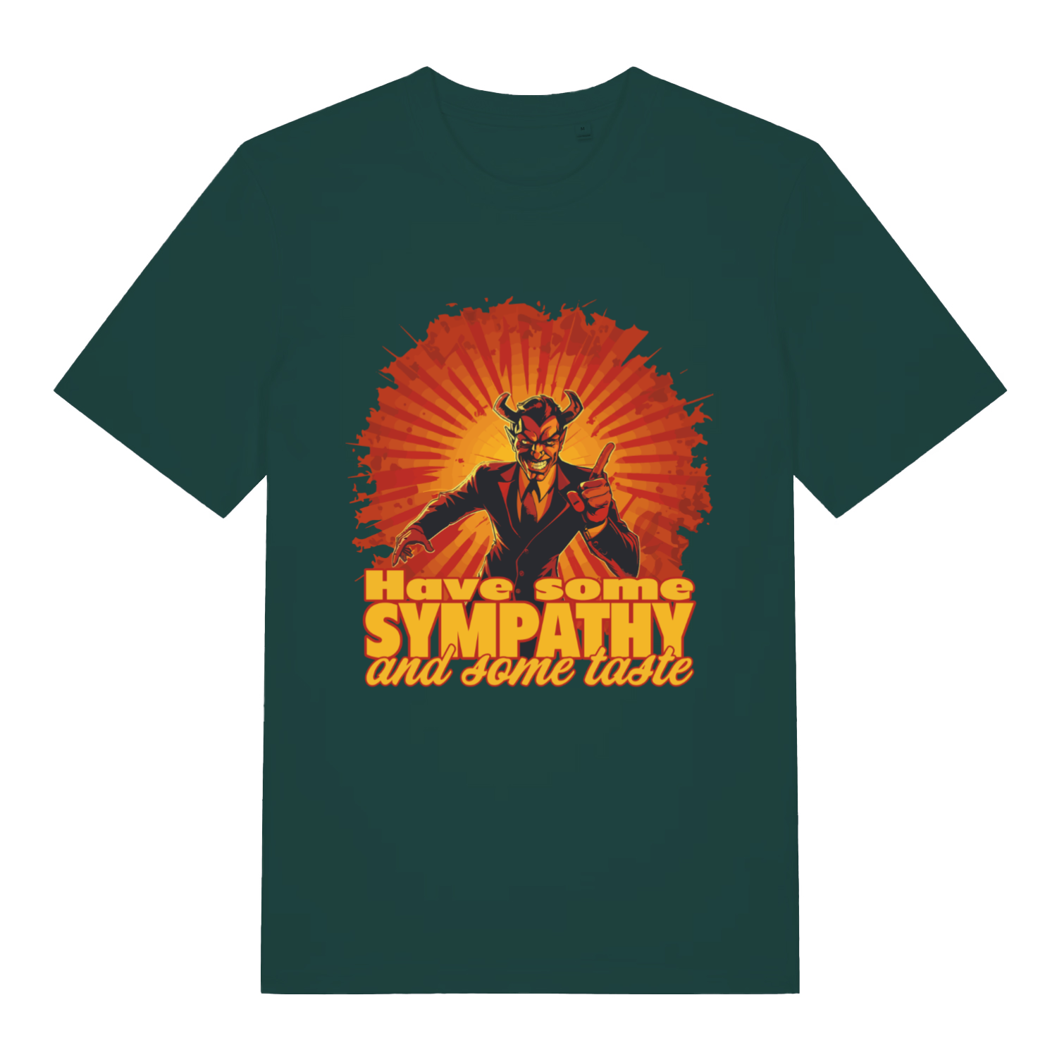 Glazed Green Have Some Sympathy T-shirt flat lay with humorous devil graphic and text