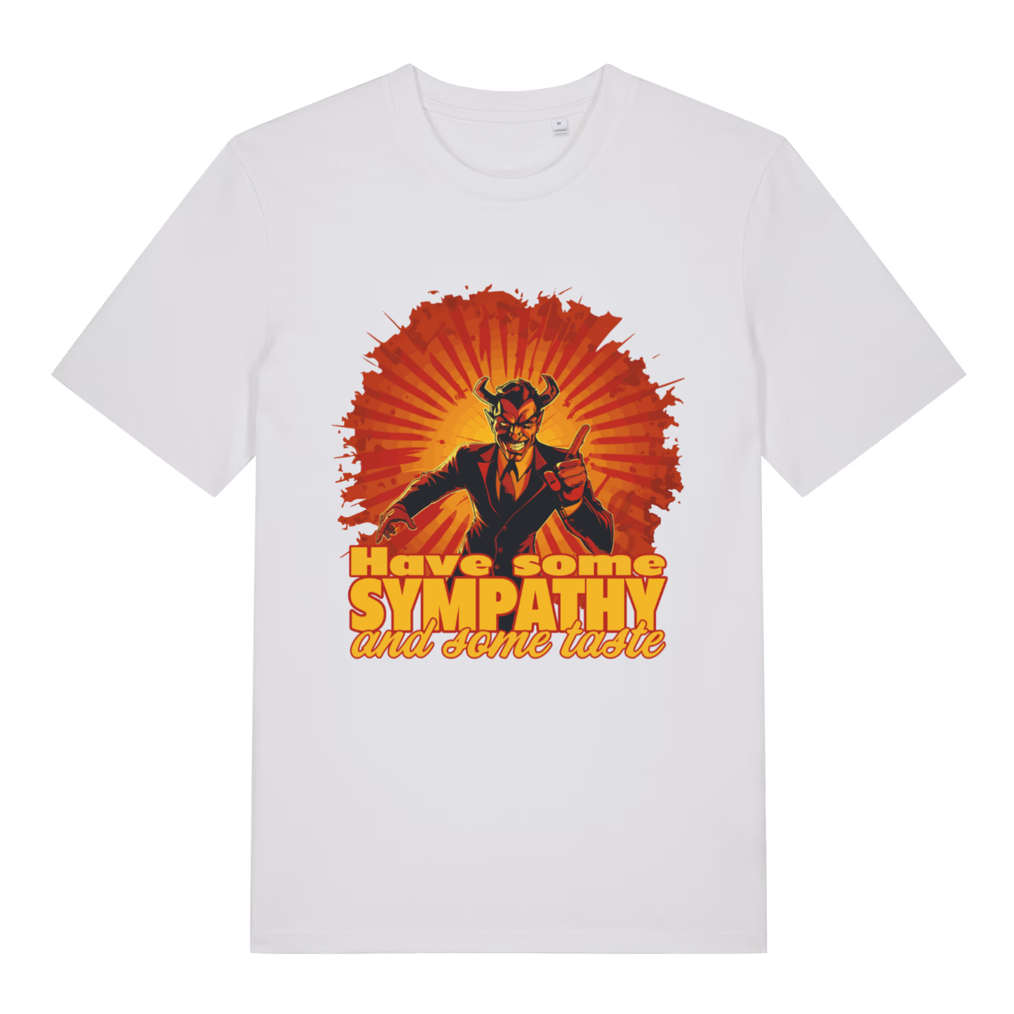 White Have Some Sympathy T-shirt flat lay with funny devil in suit rock and roll graphic