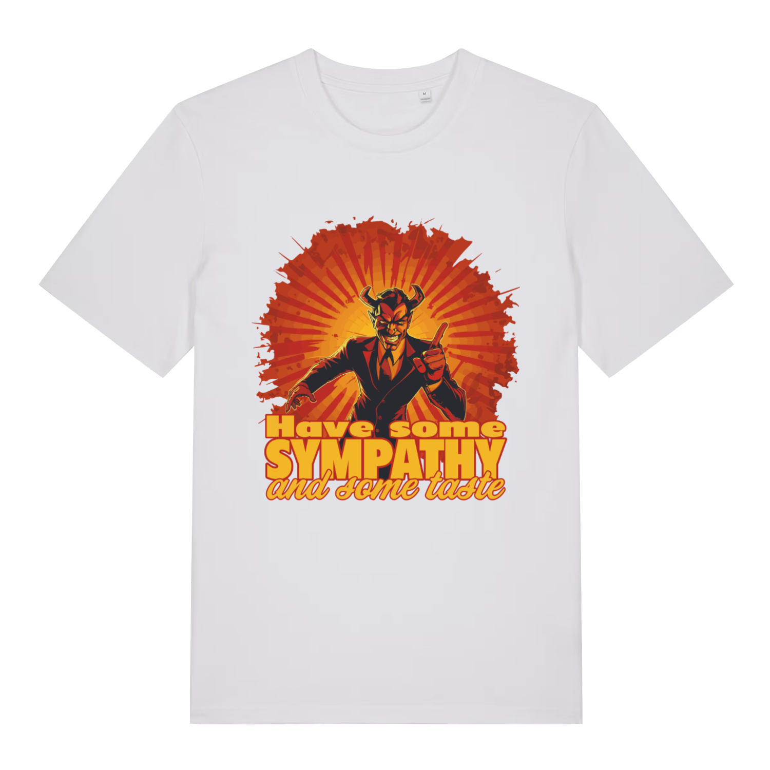 White Have Some Sympathy T-shirt flat lay with funny devil in suit rock and roll graphic