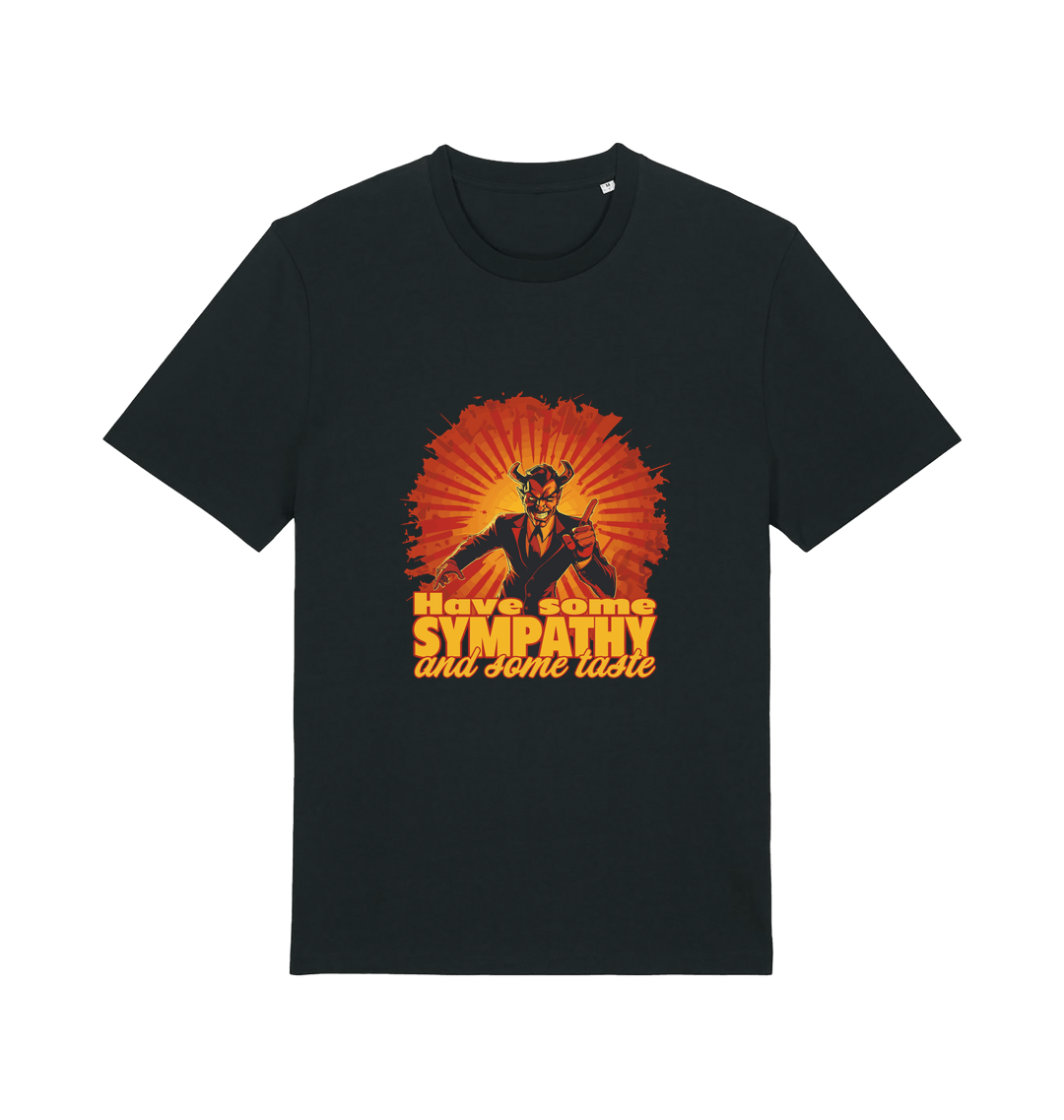 black music t-shirt with the graphic of a devil and the slogan 'have some sympathy and some taste'