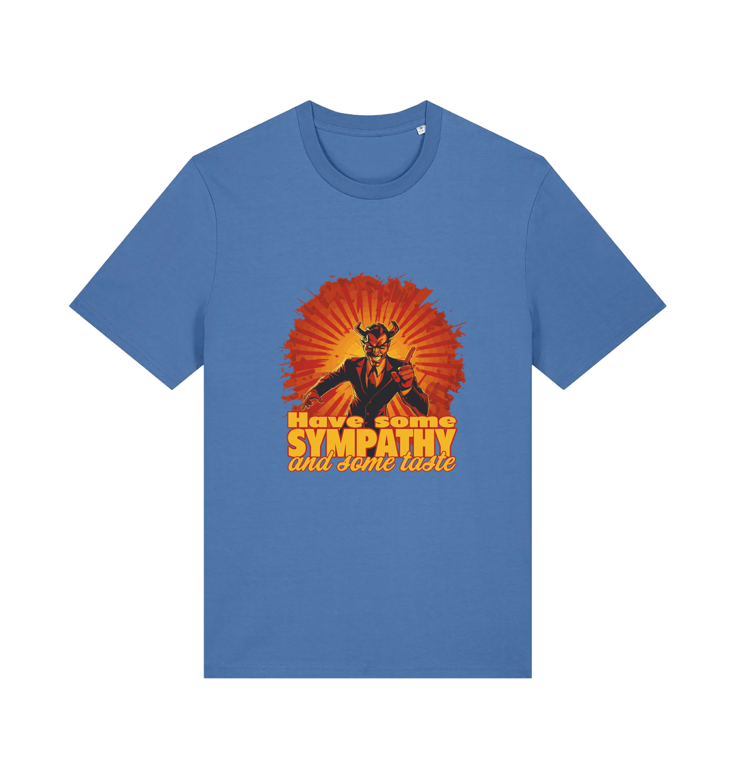 blue music t-shirt with the graphic of a devil and the slogan 'have some sympathy and some taste'