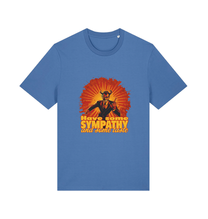 blue music t-shirt with the graphic of a devil and the slogan 'have some sympathy and some taste'