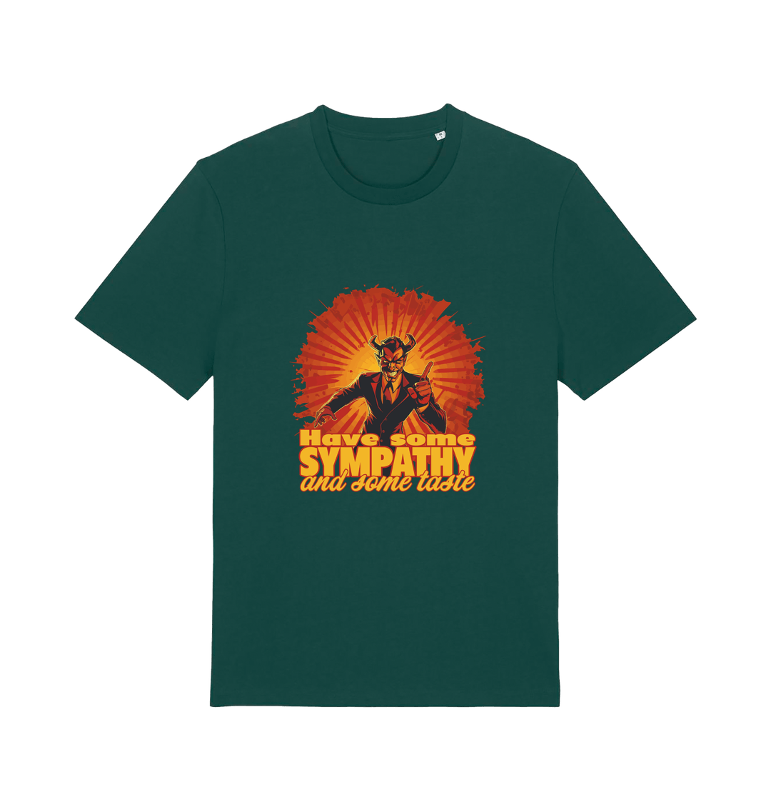 green music t-shirt with the graphic of a devil and the slogan 'have some sympathy and some taste'