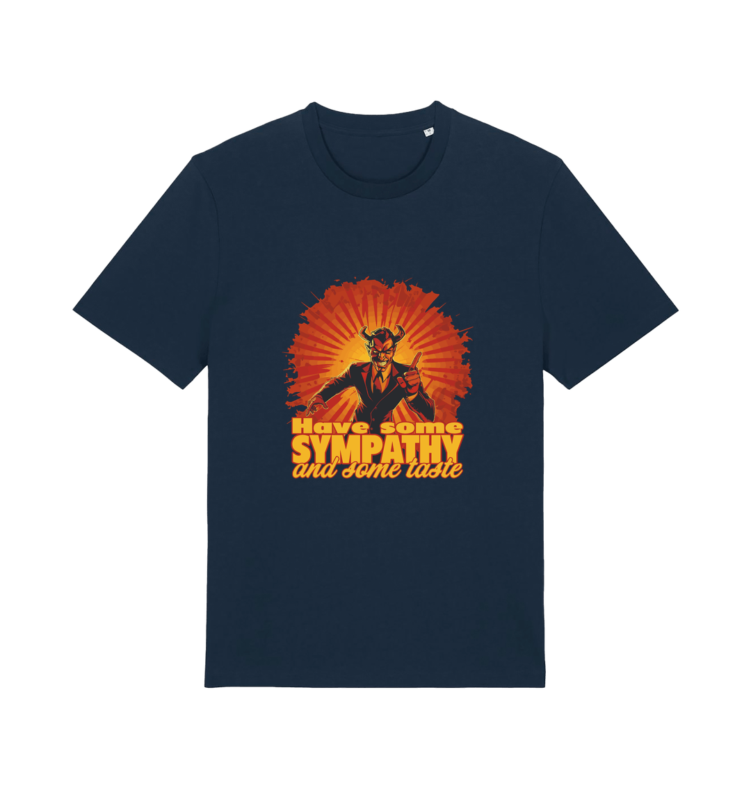 navy music t-shirt with the graphic of a devil and the slogan 'have some sympathy and some taste'