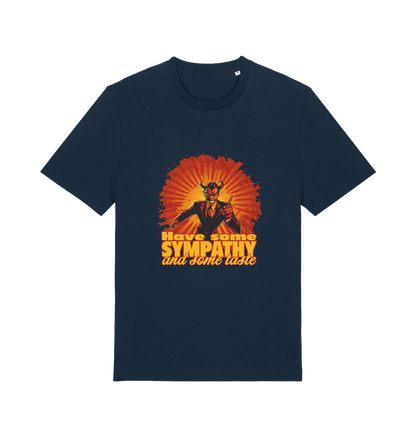 navy music t-shirt with the graphic of a devil and the slogan 'have some sympathy and some taste'