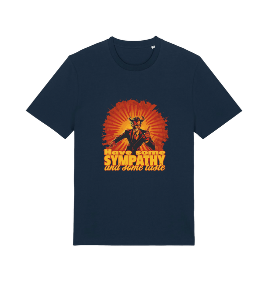 navy music t-shirt with the graphic of a devil and the slogan 'have some sympathy and some taste'