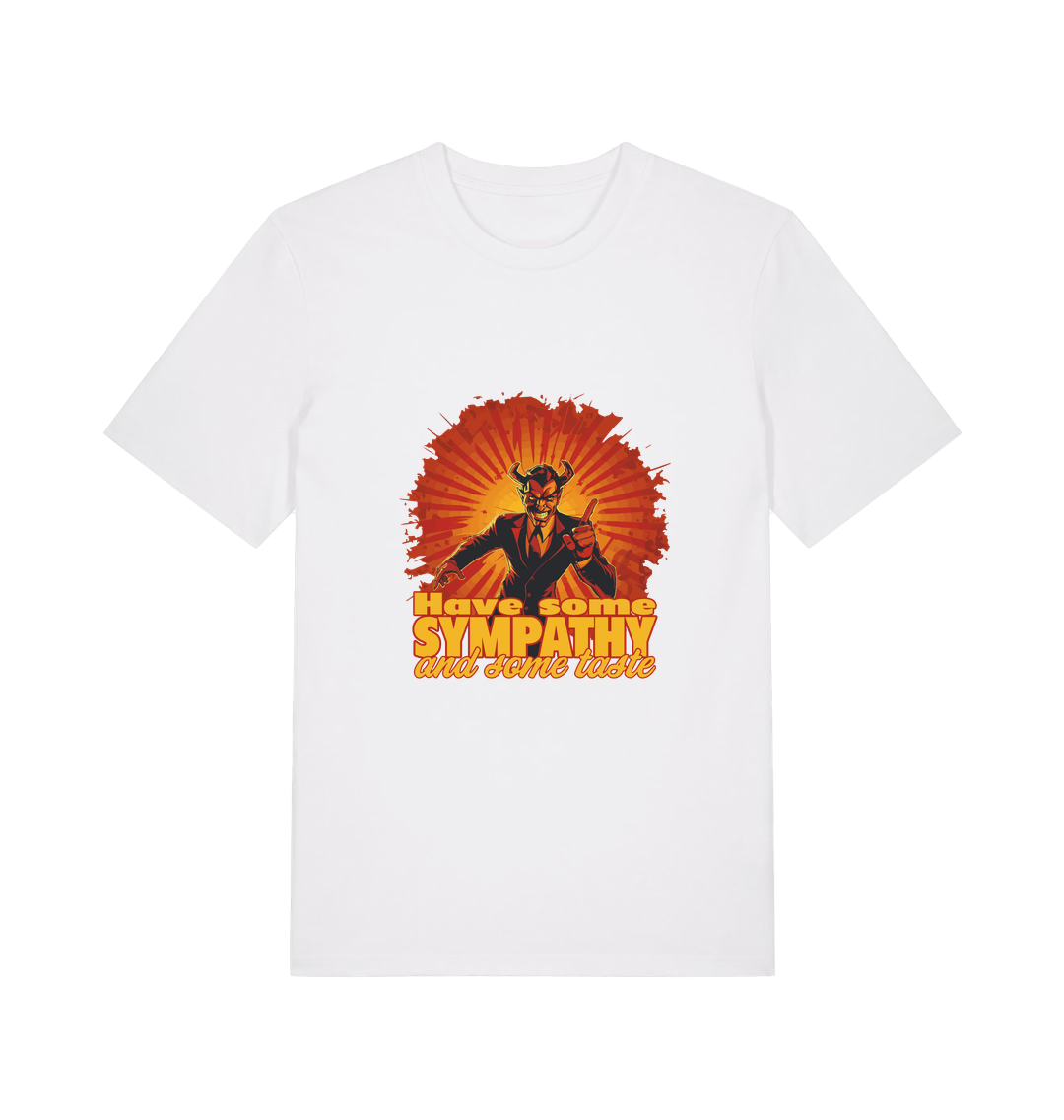 white music t-shirt with the graphic of a devil and the slogan 'have some sympathy and some taste'