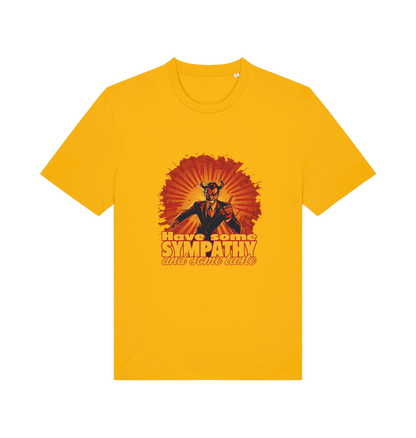 yellow music t-shirt with the graphic of a devil and the slogan 'have some sympathy and some taste'