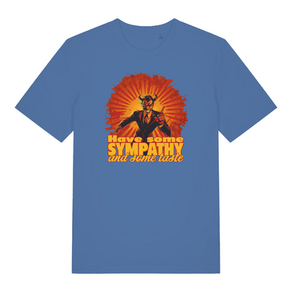 blue music t-shirt with the graphic of a devil and the slogan 'have some sympathy and some taste'
