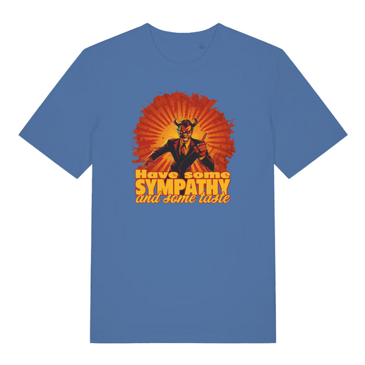 blue music t-shirt with the graphic of a devil and the slogan 'have some sympathy and some taste'