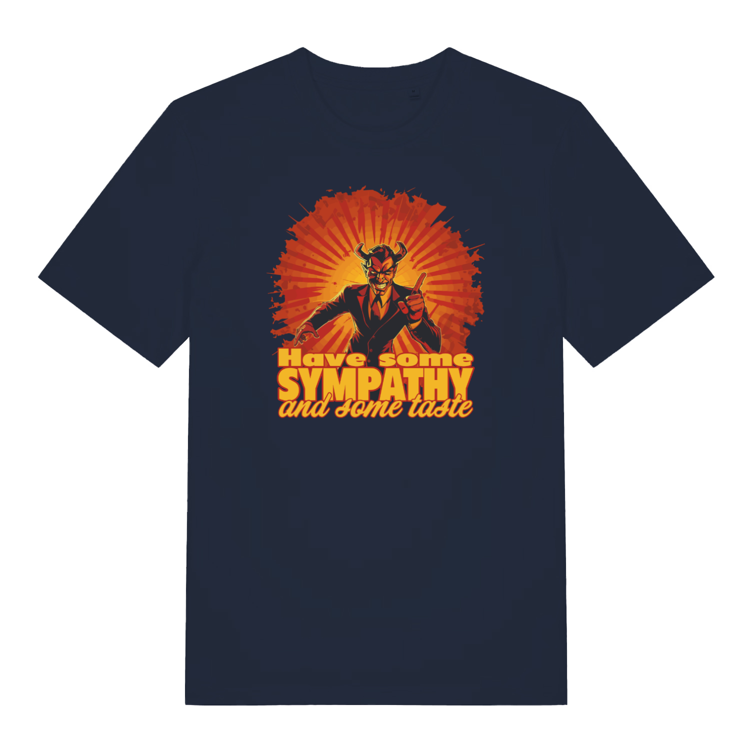 navy music t-shirt with the graphic of a devil and the slogan 'have some sympathy and some taste'