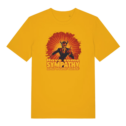 yellow music t-shirt with the graphic of a devil and the slogan 'have some sympathy and some taste'