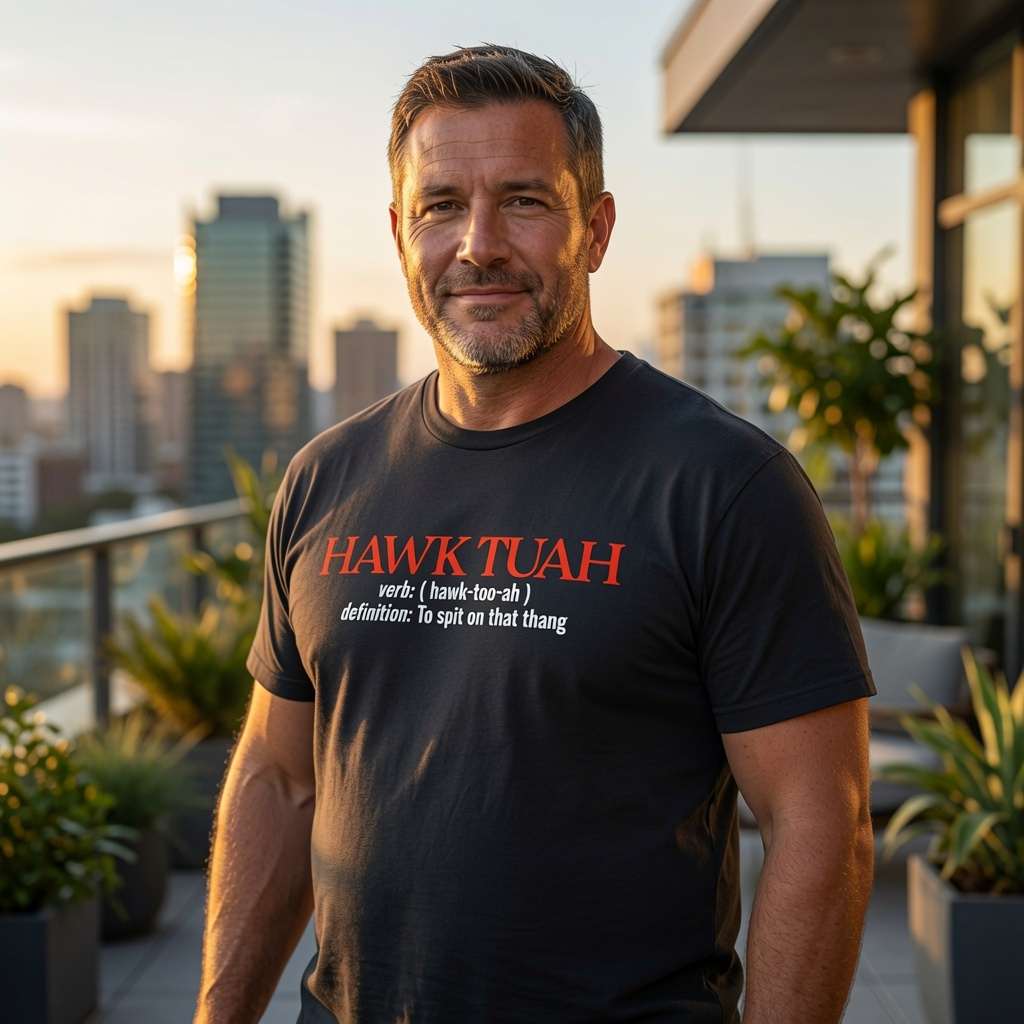 Man on rooftop at sunset in black Hawk Tuah definition tee, mens viral meme slogan